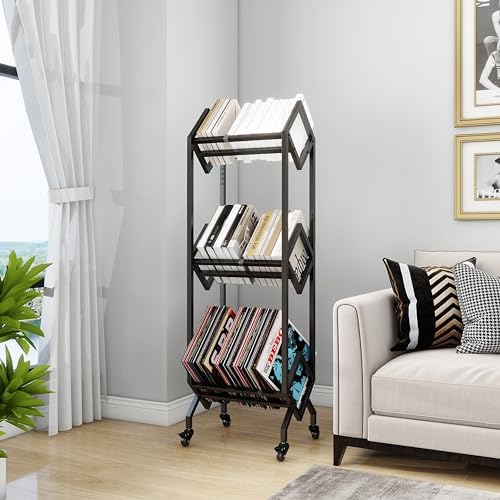 VENNQD Bookshelf Book Cart Rack Industrial Metal Bookcase 3 Tier Holder with Wheels Modern Stylish Design Magazines Files Album Recipe Book Storage Organizer for Sofa End Bed Beside (3 Tier) - Image 4