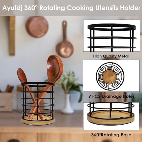 Black Kitchen Utensil Holder for Countertop, 360° Rotating Cooking Utensils Holder Caddy for Kitchen Counter-top, 5.2" x 6" Large Cylinder Spatula Holder Crock for Farmhouse Décor - Image 6