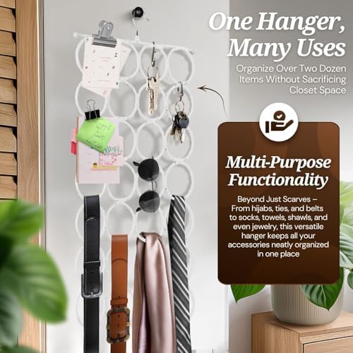 Flexzion Scarf Organizer for Closet - 28 Slot Scarf Hanger Hijab Organizer, Space Saver for Socks, Shawls, Ties, Towels, Belts, Multi Purpose Hanging Rack Storage, 2 Pack White - Image 4