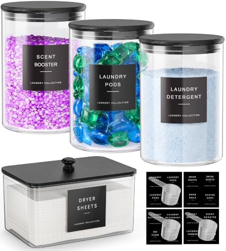 3+1 Glass Laundry Pods Container, Clear Laundry Room Organization Containers Essentials, Large Detergent Powder Storage Containers Black Lids & Labels Signs, Home Laundry Pods Holder by MOFOROCO