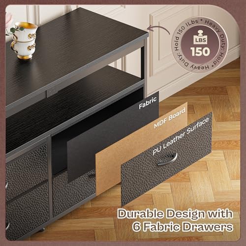 Huuger 63 Inch TV Stand for 55, 65, 70 Inch TV, Long Dresser TV Stand for Bedroom, Black LED TV Stand with Power Outlets, Fabric Drawer Dresser with Storage, Entertainment Center for Living Room - Image 6
