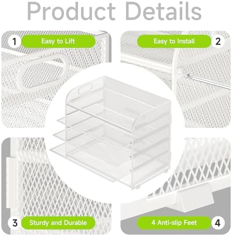 Cawukege 5 Tier Paper Organizer with Handle, White Metal Mesh Desk Organizer File Folder Paper Letter Tray Desktop Document Sorter for Classroom, School, Office Accessories Organization and Storage - Image 4