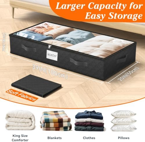 90L Under Bed Storage Containers, Storage Bags, Organizers, 6-Pack, Black - Image 2