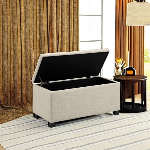 Amazon Basics Upholstered Storage Ottoman Bench with Soft Close Lid, Child-Safety Hinge, No Assembly Required, 35.5"W x 16.5"D x 17"H, Beige - Image 2