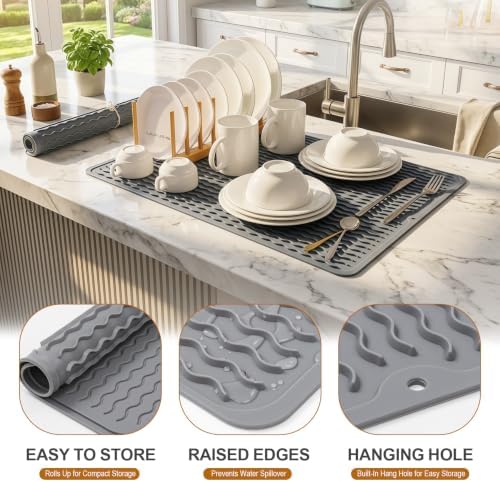 2 Pack Silicone Dish Drying Mat for Kitchen Counter Shower Caddy Rack Waterproof Under Sink Placemats Trivets Coffee Bar Accessories Dog Food Items Must Haves Extra Large 24"x18" Gray - Image 2