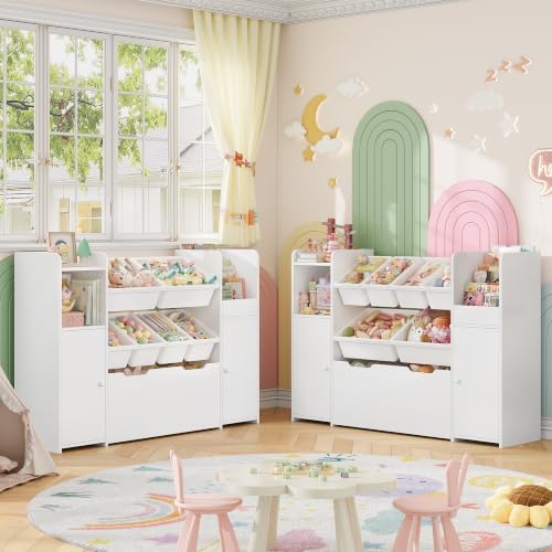 2 Pcs 55''W Storage Cabinet with Large Chest, Montessori Bookshelf, White by HIFIT