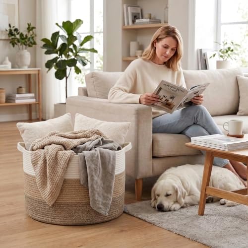 90L Extra Large Blanket Basket,Woven Rope Laundry Basket-Mix Brown - Image 4