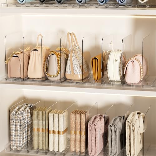 JOYZAN Stackable Purse Organizer for Closet, Adjustable Shelf Dividers for Closet Organizer Clear Acrylic Closet Purse Organizer Detachable Handbag Storage Separator Dividers for Home, Office - 4 Pack - Image 7