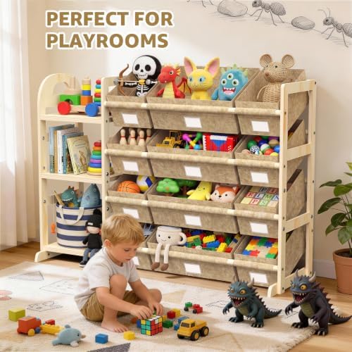 Toy Storage Organizer with 3 Shelves and 12 Bins, Bookshelf/Bookcase, Kids Bin Shelf, Toys Box for Playroom Organization for Bedroom & Room, 47.4" W (khaki) - Image 7