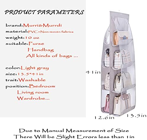 MURRI&MURRDI 1 Pack Hanging Handbag Organizer for Closet, Purse Storage Holder with 8 Easy Access Clear PVC Pockets, Purse Hanger for Wardrobe Space Saving Hanging Bags (Gray) - Image 2