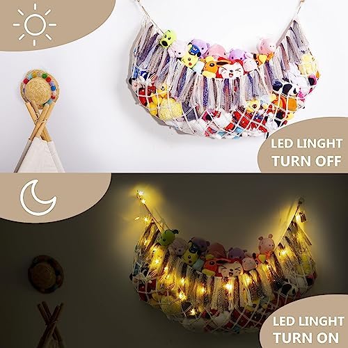 Large Stuffed Animal Net or Hammock with Light Wall Hanging Organizer for Kid Room Toy Storage Net Bedroom Playroom Plush Toy Holder-Cream - Image 3