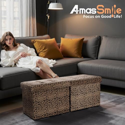 AmasSmile Footrest Ottoman Storage Bench, 34" Velvet Folding Chest,Leopard - Image 6