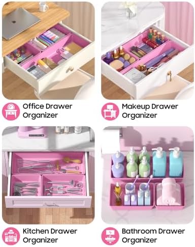 10 Pack Large Size Plastic Drawer Organizers Set, 3 Sizes Desk Drawer Organizer Trays, Storage Bins for Vanity, Makeup, Bathroom, Kitchen Utensils and Office (Pink) - Image 5