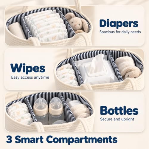 Sea Embroidered Baby Diaper Caddy Organizer, Cotton Woven Rope, Portable Nursery Storage Basket with Changeable Compartments - Image 4