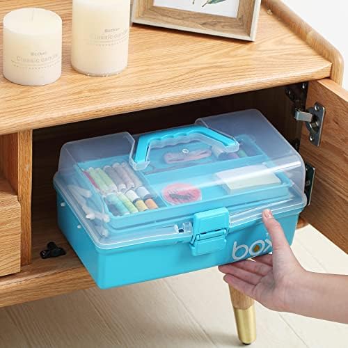 Kinsorcai 12'' Three-Layer Clear Art Box Organizer, Multipurpose Plastic Craft Box with Handle (Blue) - Image 6