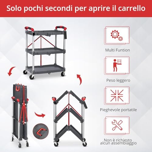 Heavy Duty 3-Tier Collapsible Utility Cart for Office & Home – Collapsible Rolling Service Cart, 56 lb Capacity, No Assembly, Lockable Wheels, Multi-Purpose Organizer, Grey - Image 5