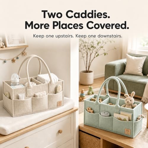 HIPHOP PANDA 2-Pack Diaper Caddy Organizer - Nursery Storage Bin & Car Organizer for Diapers, Wipes, and Baby Essentials - Dual-Color Solid Set (Green/Oatmeal), Regular Size - Image 5