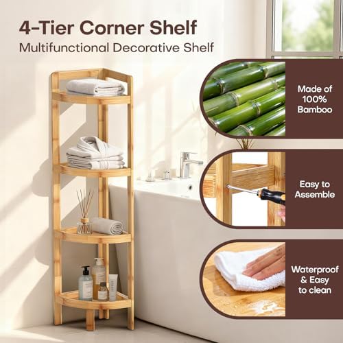 2026 New Bamboo Standing Shelf, 4 Tier Corner Shelf Stand, Free-Standing Shelf Units, Triangular Curved Corner Shelf Stand for Space-Saving Display Ideal for Bathroom/Kitchen/Living Room Storage - Image 4