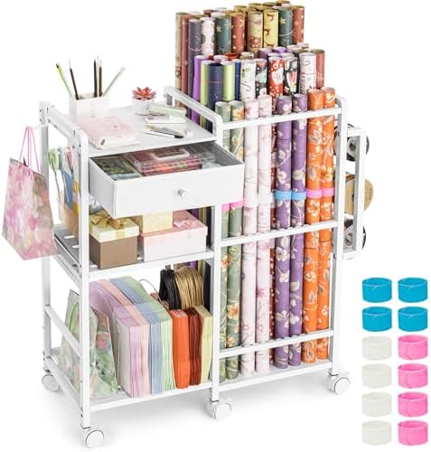 Aquzee Wrapping Paper Storage, Rolling Gift Wrap Station, 9 Adjustable Rod Design, Vertical Wrapping Paper Storage Cart, Ribbon Organizers and Gift Bag Storage, 12 PCS Slap Bands, White by Aquzee