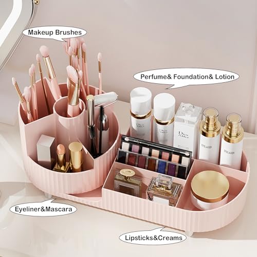 Pink Rotating Vanity Organizer with Brush Holder - Large Spinning Cosmetic Storage, Countertop Makeup & Skincare Organizer, Perfume & Lotions Display Case - Image 4