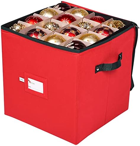 Christmas Ornament Storage Box, 4 Individual Trays Xmas Storage Container, Fits 64 Ornaments Decoration Balls, Constructed of Durable Polyester Material (Red) - Image 2