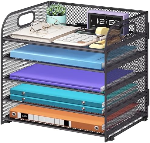 Cawukege 5 Tier Paper Organizer with Handle, Grey Metal Mesh Desk Organizer File Folder Paper Letter Tray Desktop Document Sorter for Classroom, School, Office Accessories Organization and Storage by Cawukege