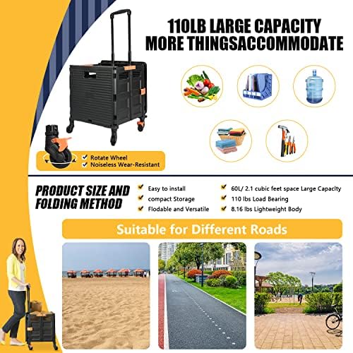 Foldable Utility Cart Portable Rolling Crate Handcart Shopping Trolley Collapsible Tool Box with Rotate Wheels Durable Duty Plastic Telescoping Handle Lid for Travel Move Office School(Black) - Image 3