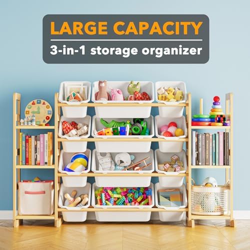 SpaceAid Toy Storage Organizer with 6 Shelves and 12 Bins, Bookshelf/Bookcase, Kids Bin Shelf, Toys Box for Playroom Organization for Bedroom & Room Decor, White, 52.3" W - Image 3