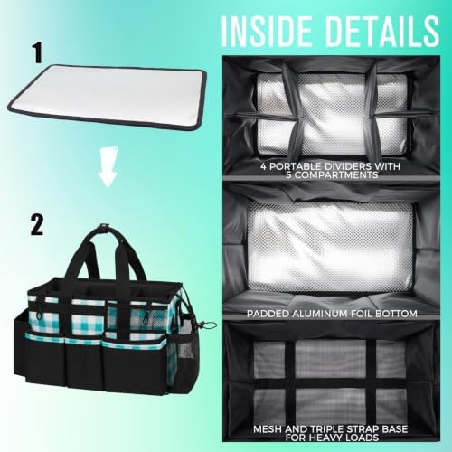 SCAVATA Wearable Cleaning Caddy, Cleaning Caddy Supplies Organizer with Handle & Shoulder Straps for Housekeepers, Under Sink & Car Cleaning Tool Organizers Bag with 4 Foldable Divider (BluePlaid) - Image 4