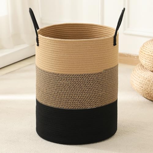 Laundry Basket Hamper Tall Rope Storage Woven for Blanket toys Dirty Clothes in Living Room Bathroom Bedroom (Jute Brown & Black, 100L/26.4Gal) by AMTOTAM