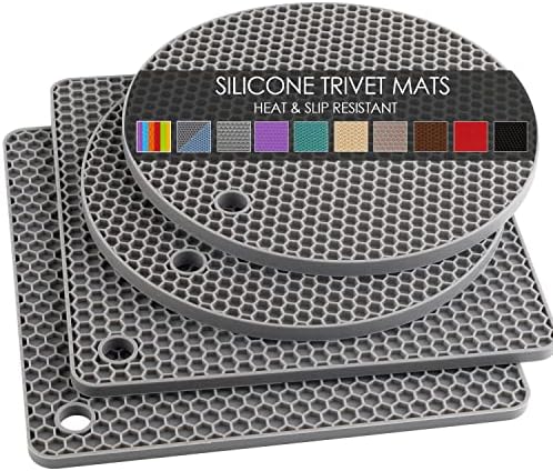 Silicone Trivet Mats, Silicone Pot Holders for Hot Pots and Pans, Heat Resistant Counter Mats for Tables, Countertops, Spoon Rest and Large Coasters, 4 Pack Gray Trivets for Hot Dishes by QPIXDIGITAL