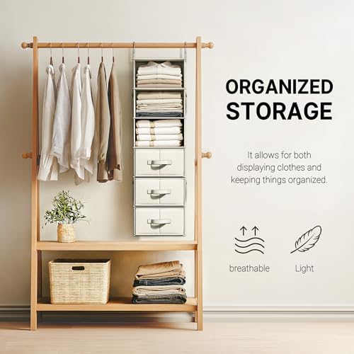 Vailando 6-Shelf Hanging Closet Organizer with 3 Fabric Drawers, Beige - Image 5