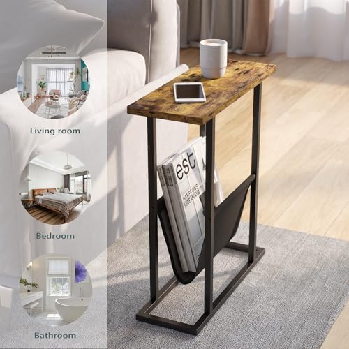 Yusong Narrow Side Table for Small Spaces, Small End Table with Magazine Holder, Skinny Slim Little Thin Table for Living Room, Bedroom, Sofa, Rustic Brown - Image 5