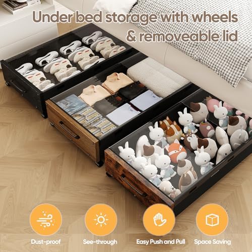 KITHELP Wooden Under Bed Storage with Wheels, Rolling Under the Bed Storage Bins with Removable Lid, Metal Under Bed Drawers for Clothes and Shoes in Bedroom or Living Room(Walnut Brown-1pack) - Image 6