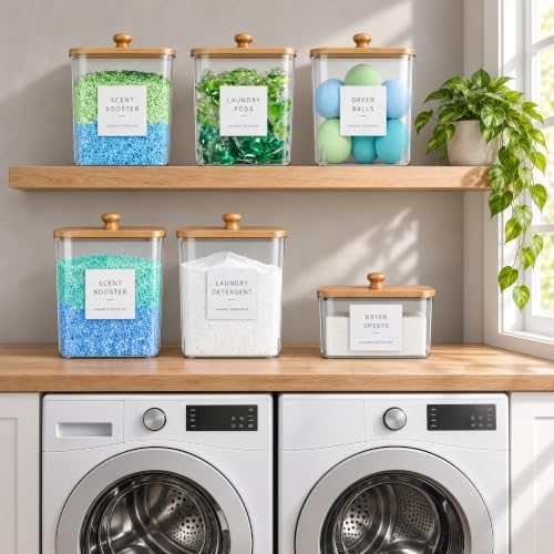 6 Pack Laundry Pods Container, Clear Laundry Room Organization Containers,Large Detergent Powder Storage, Black Wooden Lids & Labels and Scoops for Scent Booster, Powder, Pods - Image 5