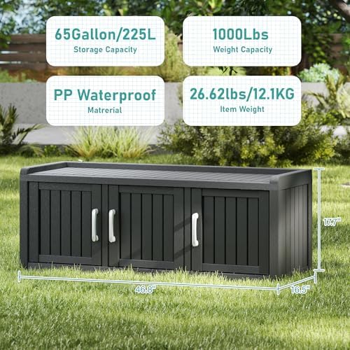2-Tier Storage Bench, Waterproof UV-Resistant Outdoor Shoe Storage Cabinet with 3 Doors & Adjustable Shelves for Indoor Outdoor Entryway, Hallway, Living Room (Black) - Image 3