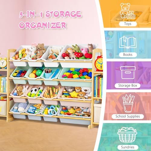 Kids Toy Storage Organizer with Bookshelf – Wooden Shelf with 16 Bins & 6 Shelves, Quick Assembly Storage Rack for Playroom, Bedroom, Nursery – Colorful - Image 6