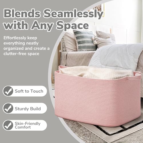 Goodpick Large Woven Rope Blanket Basket, Rectangle, Pink, 75L - Image 5