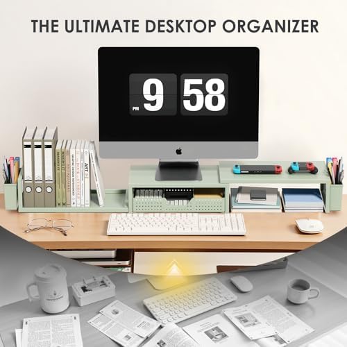 OPNICE Desk Organizers and Accessories, Dual Monitor Stand Riser with Drawer and 2 Pen Holders, Desk Shelf Computer Racks & Printer Stand for Office Workspace Organizers, Desktop Organization (Sage Green) - Image 6