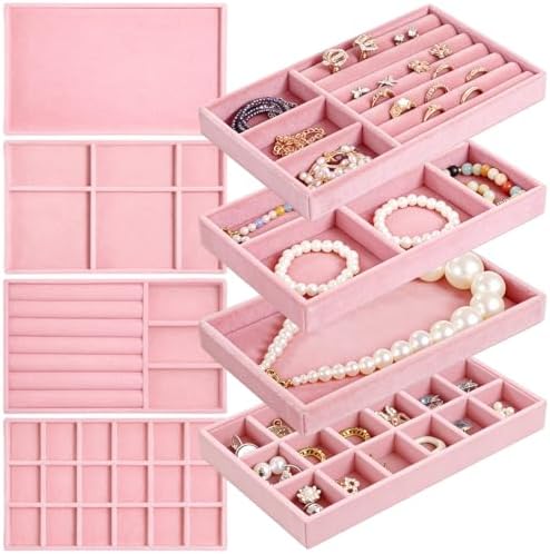 8 Pcs Jewelry Drawer Organizers, Velvet Jewelry Trays for Drawer, Stackable Jewelry Trays, Ideal for Rings, Earrings, Bracelets, Necklaces, Pink - Image 7