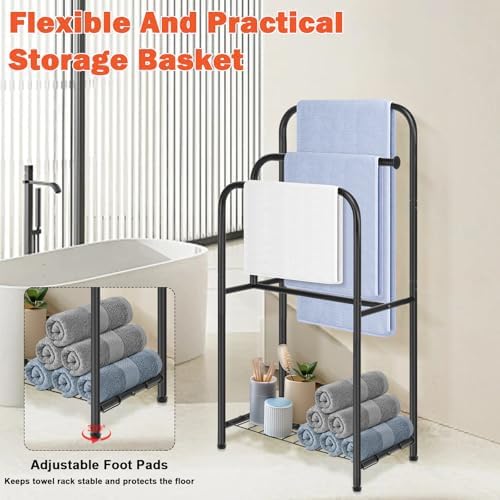 Towel Racks for Bathroom, 35" H Standing Towel Holder 3 Tier Metal Pool Towel Hanger Outdoor Floor with Storage Shelves for Blanket Bath Towel Drying (Matte Black) - Image 3