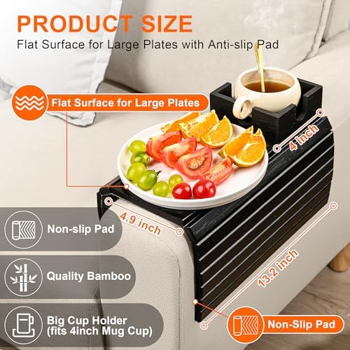 Joy&Grace Sofa Armrest Tray with Large Mug Holder, Bamboo Couch Arm Tray, Anti-Slip Couch Cup Holder Foldable Sofa Arm Table for Eating Drinks Cellphone (Color Black) - Image 2