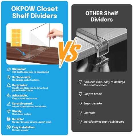 OKPOW Shelf Dividers Closet Organizer - 12" Tall X 11.8" Deep Acrylic Clear Sturdy Separate for Clothes Purse - Adjustable Space Saver Easy Install for Home Organization Enthusiasts 8 Pack - Image 2
