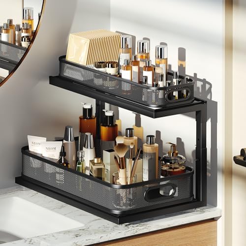 1 Pack-16"D Under Sink Storage Organizer with 2-Tier Slide Out Drawer, Sophisticated Mesh Pull Out Shelf for Kitchen & Bathroom, Fits Small Items, Upgraded Arched Track for Smooth Gliding-Black - Image 6