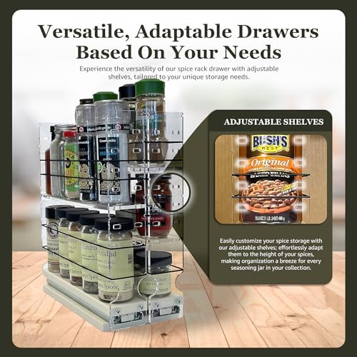 Vertical Spice Adjustable Spice Rack Drawer - Pull Out Cabinet Organizer - Kitchen and Pantry Organizers and Storage - Spice Caddy - 2 Drawers, 3 Upper Tier (4.6" W x 11.25" H x 10.6" D, Cream) - Image 3