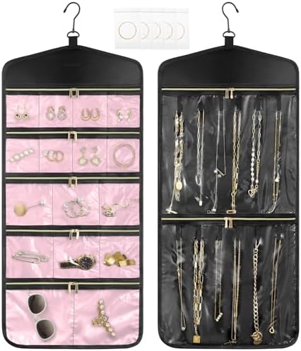 CHICECO Travel Jewelry Holder Organizer,Hanging Jewelry Organizer Storage with Zippered Pockets for Cloest,Jewelry Holder for Earrings, Necklaces (Pink Black) by CHICECO