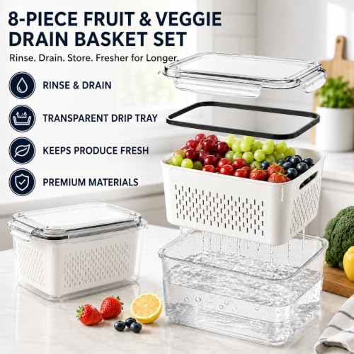 8 PCS Fruit Storage Containers for Fridge with Removable Colander and Lid - Image 2