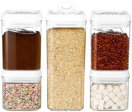 Felli Flip Tite Food Storage Container 5" LARGE 5pk Set + No Residue Label, Airtight Lid Easy Lock Top Stackable, Plastic Canister Jar for Pantry Kitchen Fridge Organizer Pasta Protein Powder Spice by Felli