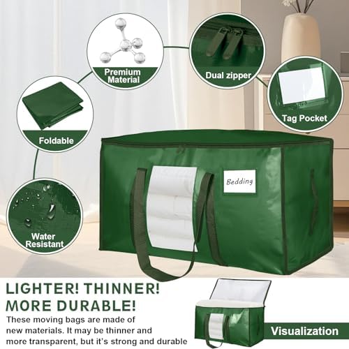12 Pack Extra Large Moving Bags Heavy Duty 180GSM,130LBS 100L Totes with Visible Window, Zippers & Wrap-Around Handles, Waterproof Reusable, Alt to Moving Boxes, Olive green - Image 4