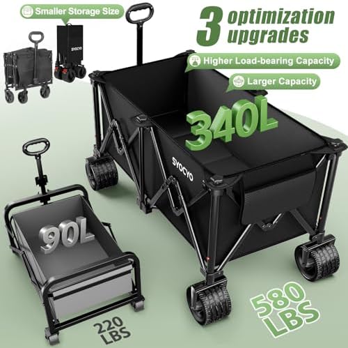 Beach Wagon Carts Foldable 580LBS Collapsible Wagon with Big All-Terrain Wheels for Sand 340L Heavy Duty Utility Carts with Cup Holders for Garden, Camping, Grocery, Black - Image 4